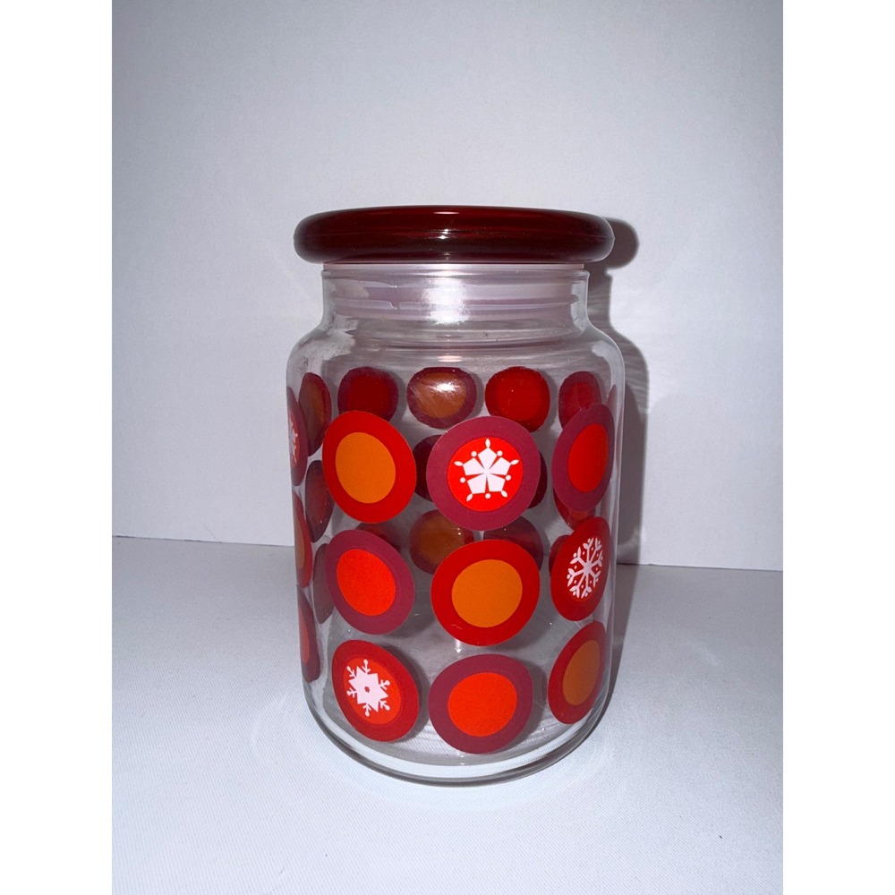 Vintage Red‎ Orange Polka Dot Snowflake Glass Canister Jar with Red Lid 6in
